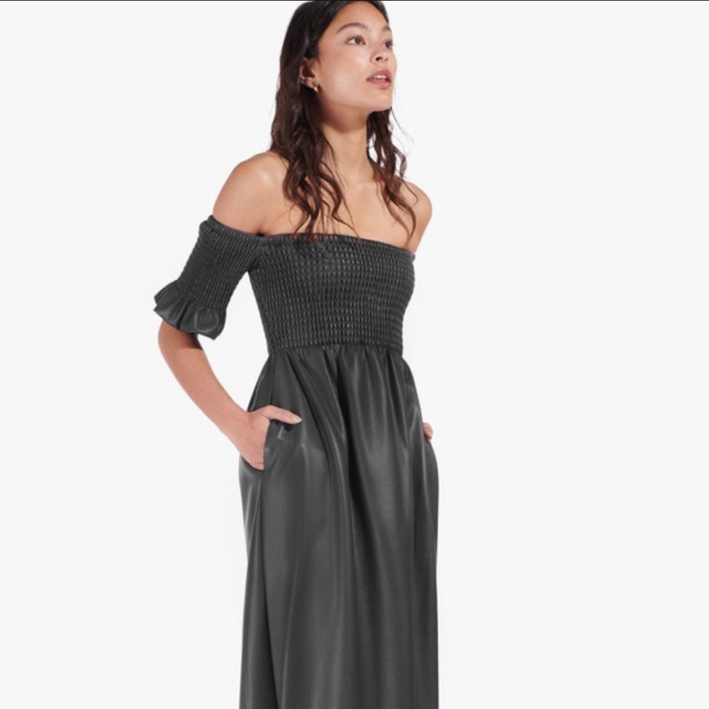 Staud Black Mae Smocked Off-The-Shoulder Vegan Leather Maxi Dress